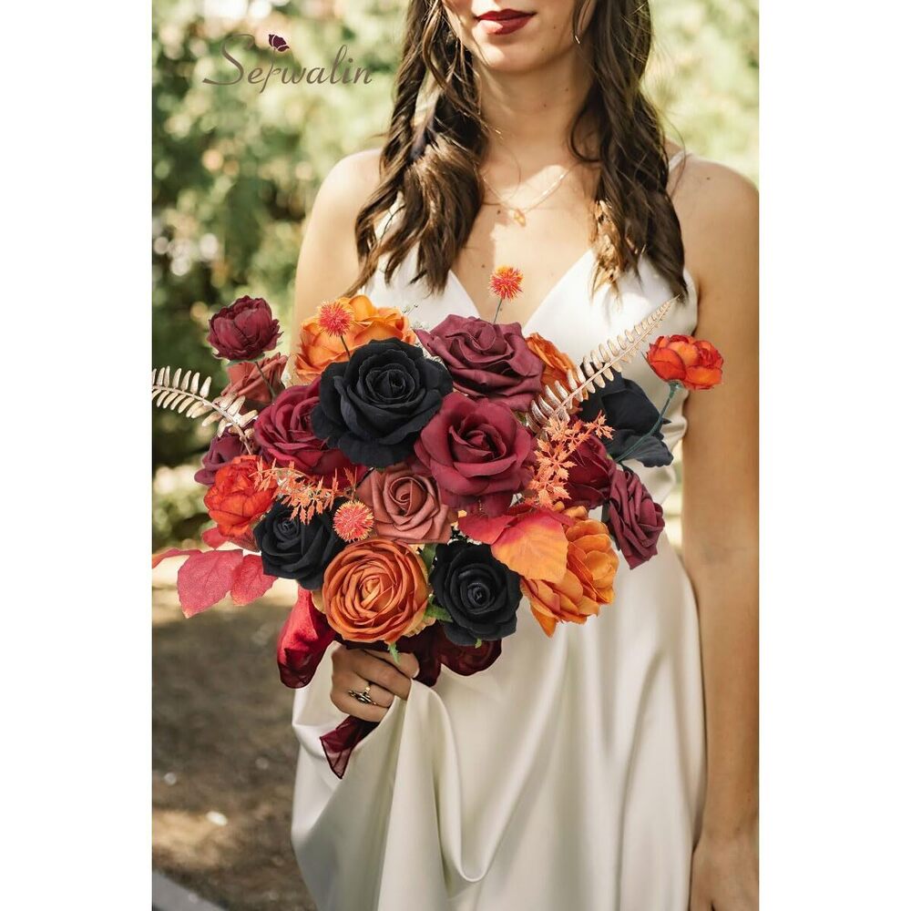 6083 Artificial Flowers Black Orange Fall Flowers Halloween Black Wedding - Picture 5 of 7